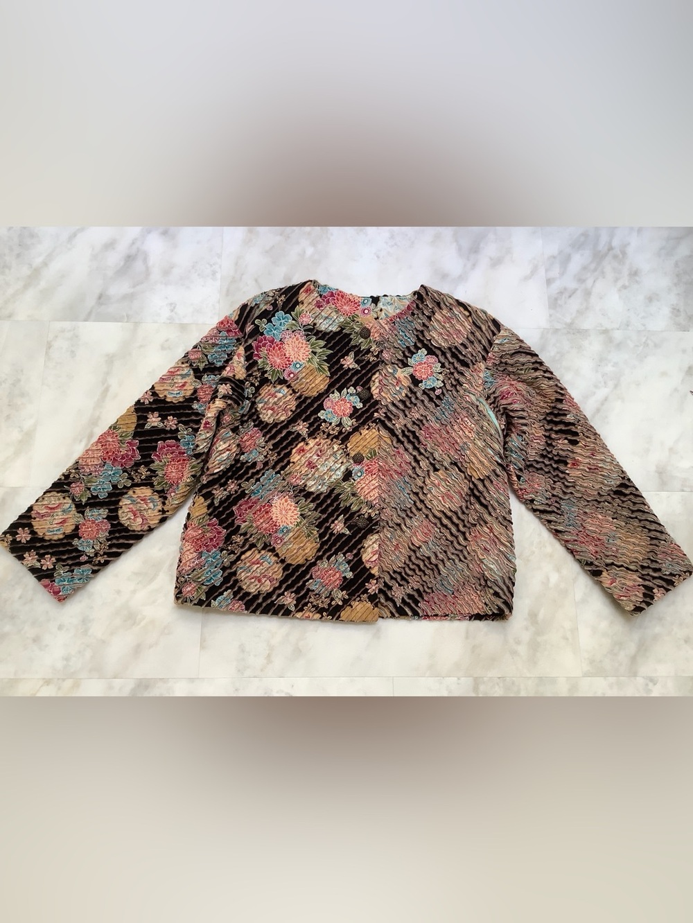 Handmade Jacket-Ruffle Texture-Black Multicolor Floral Pattern-L/XL-Unique!! - Picture 8 of 8